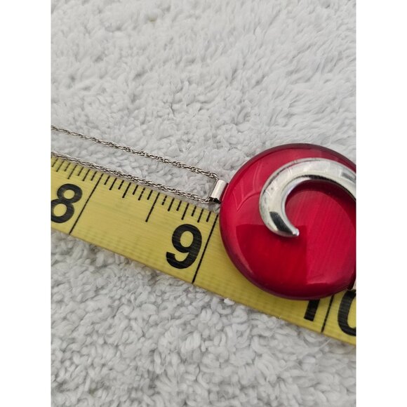 Vintage Red & Silver Abstract Pendant Necklace 16" Silver Tone Chain Retro - Picture 6 of 6